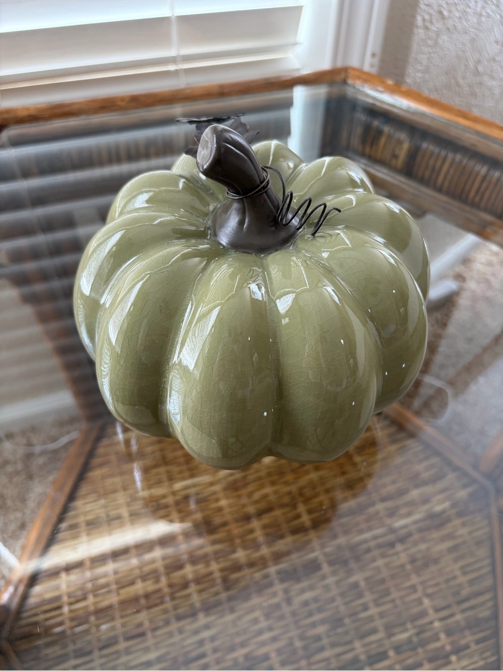 Vintage Ceramic Glazed Olive Green Decorative Pumpkin with Metal Leaves